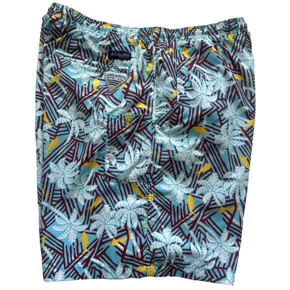 Columbia PFG Swim Trunks Mens Large Light Blue Omni-Shade Mesh Brief Hawaiian - Picture 12 of 12
